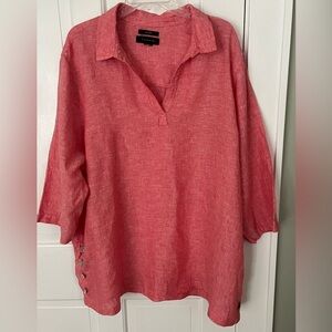 TAHARI 100% Linen Tunic Top Muted Red Split V  Lagenlook Boho Casual Plus Size